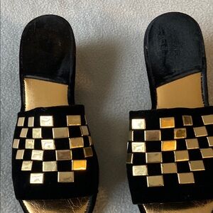 Black and Gold Checkerboard Sandals with Open Back